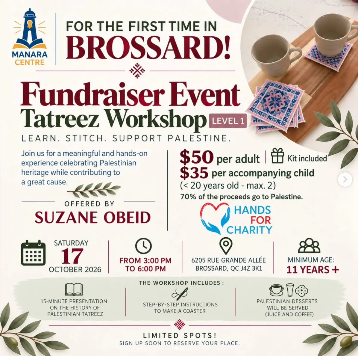 Premier atelier de Tatreez Palestinien – Levée de fonds – à Brossard